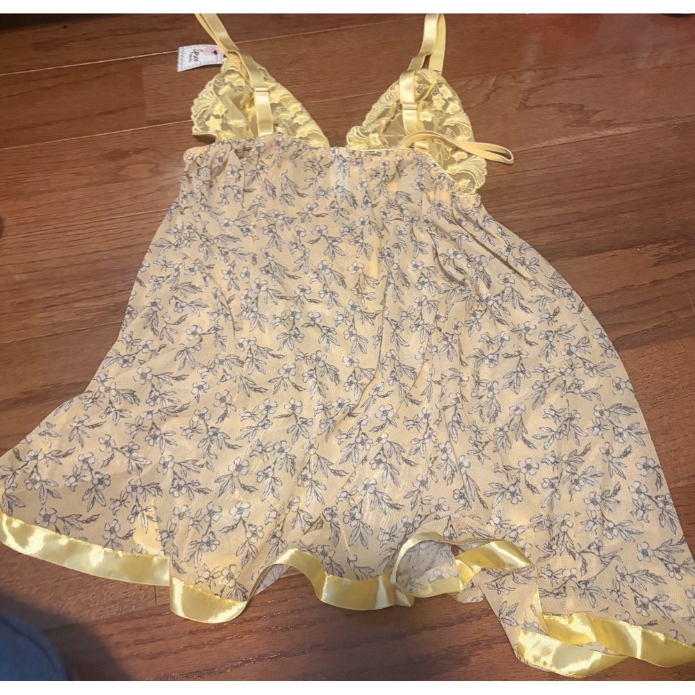 Spree Intimates Babydoll Floral Yellow Lace Sequin Lingerie Set 2X NWT Coquette - Picture 8 of 8